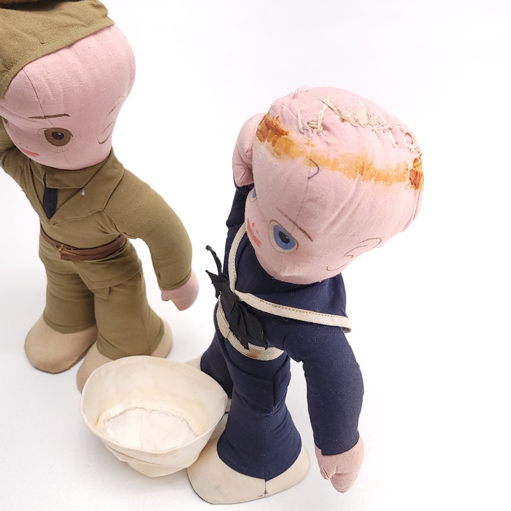 Vintage WWII Dollywood Defense Dolls Saluting Soldier Sailor 11" Cloth Rag Doll